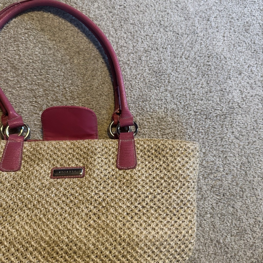 Rosetti Natural & Pink Woven Satchel Top Handle, Zip/Magnetic, Lined - Picture 3 of 7